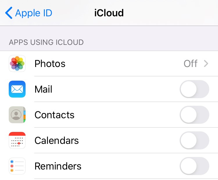 iCloud options screen
